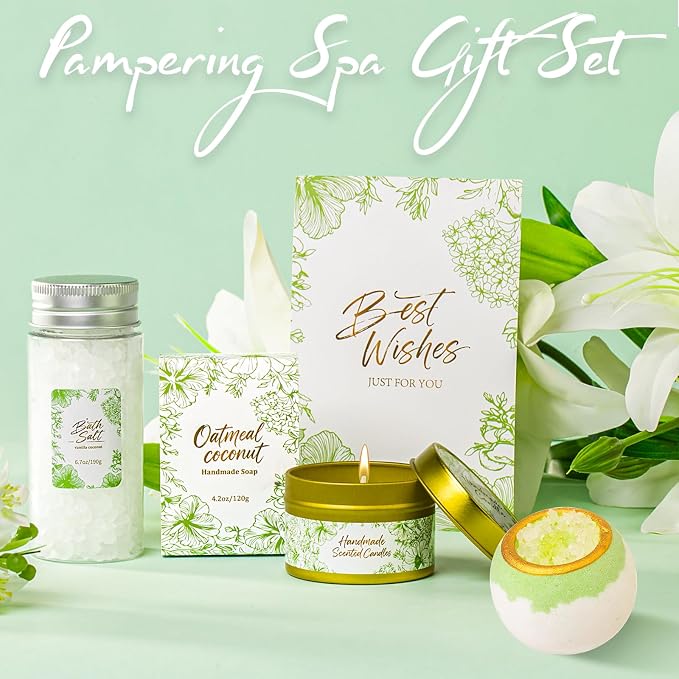 Gift Basket for Women, Self Care Set with Knitted Throw - Care Pkg - Green | for Women Mom Her Friend Sister Wife Grandma Fringe Blanket, Spa Bath Bombs Candle Soap Sea Salt, Birthday Get Well