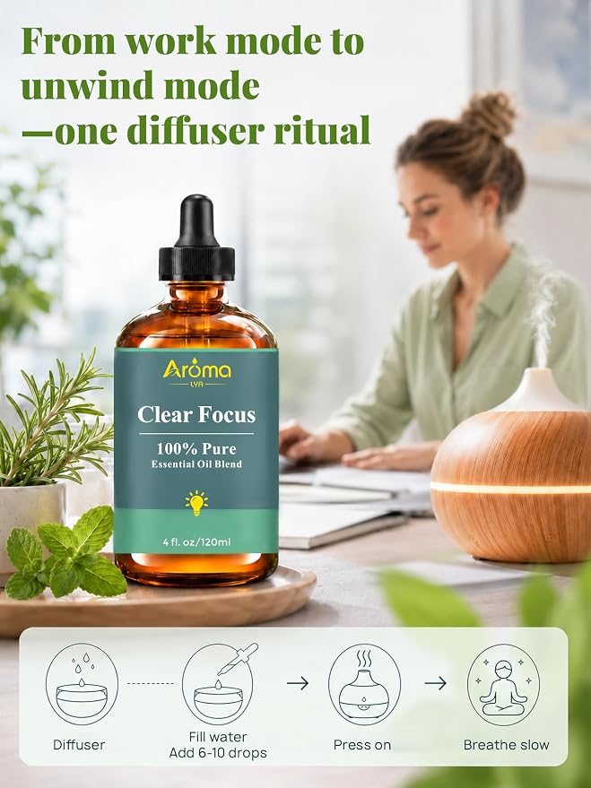 Clear Focus — A 100% Pure Essential Oil Blend, Cool-Citrus Herbal Blend that Keeps The Mood Alert and Focused, Fresh—Never Tense, Essential Oils for Diffusers for Home
