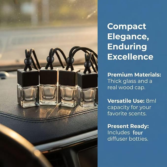 4Pcs Hanging Car Air Freshener Empty Diffuser Bottles, Black Glass Essential Oil Perfume Pendant for Auto Home Office Decoration
