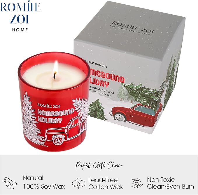 ROMIIE ZOI Christmas Scented Jar Candle - 6oz Soy Wax - Holiday Infused with Winter Greenery Aroma - with Beautiful Box Special for Decoration Gifts