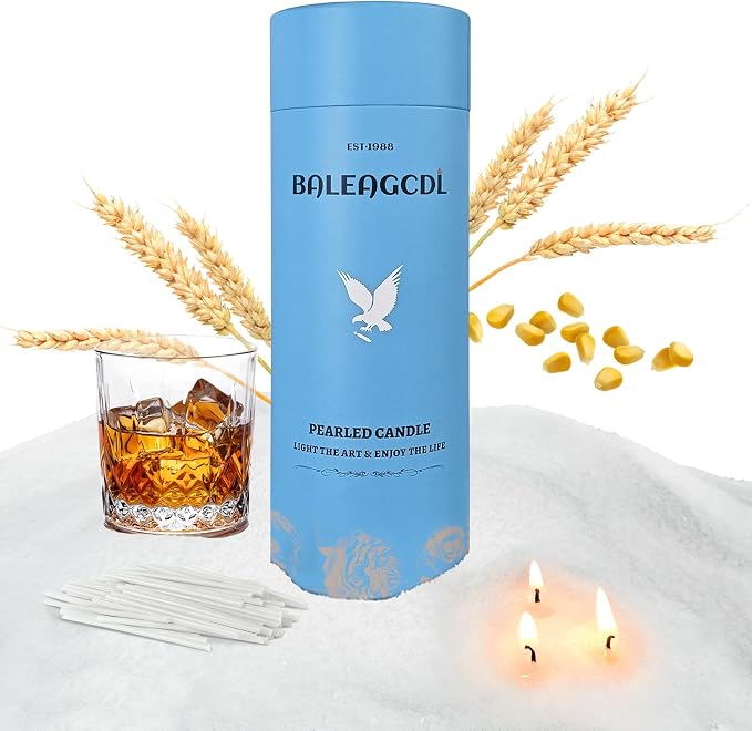 Oak & Amber Pearled Candle 18 Oz with 30 Wicks - Whisky Wine Scented Sand Candles White Refillable Wax Lasts Up to 120 Hours Smooth and Clean Burning for DIY Candle Making