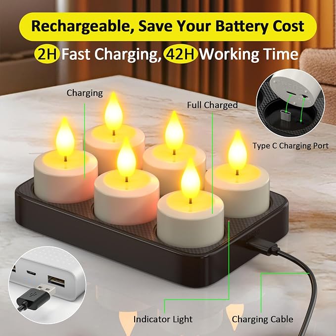 Yme Rechargeable Tea Lights with Remote Timer and Charging Base, 6 Pack LED Battery Operated Flickering Flameless Candles, Electric Tea Lights Votive Candles for Home Wedding Party Holiday Decor
