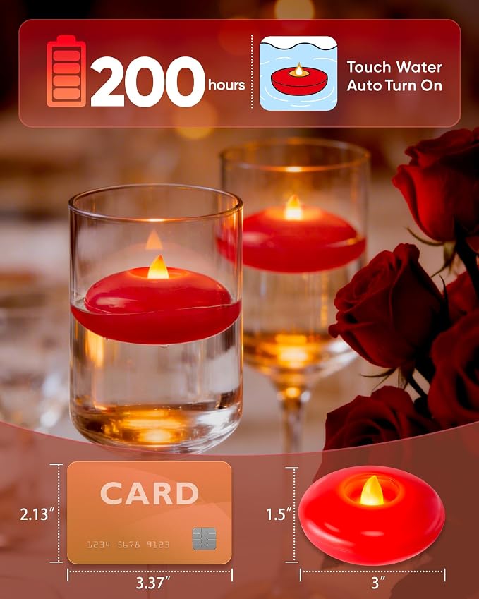 Homemory 12 Pack 3” Flameless Led Floating Candles, 200 Hour Red Battery Operate Waterproof Tealights for Cylinder Vases, Centerpieces at Wedding Decor, Party, Pool