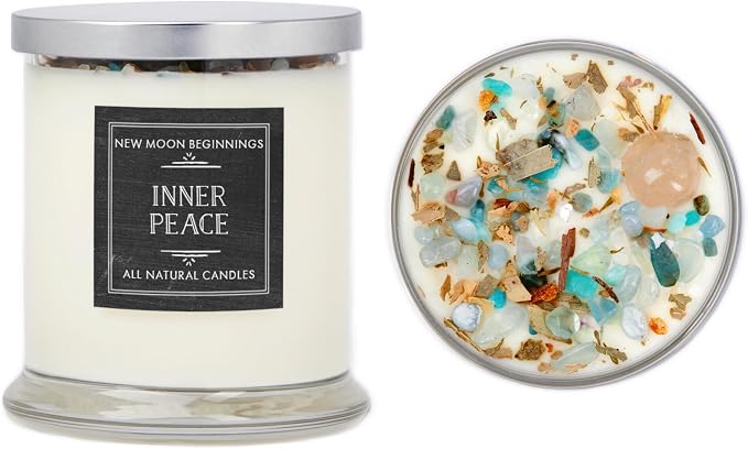 Inner Peace Candle by New Moon Beginnings - Dried Flower, Herb, & Crystal Candles - Soy Candle - All Natural Aromatherapy Candle - All Natural - 12 oz Glass Jar