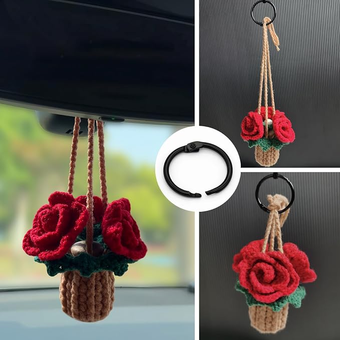 Crochet Car Air Freshener, Empty Refillable Oil Diffuser Bottle with Hanging Crochet Plant for Car Rearview Mirror Decor, Handmade Home and Office Decor (Rose)