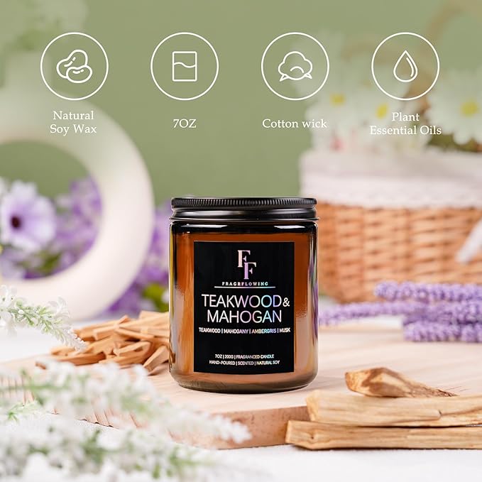 Teakwood & Mahogany Candle, Scented Candle for Home Soy Wax Candle, Aromatherapy Candle Gifts, 7oz