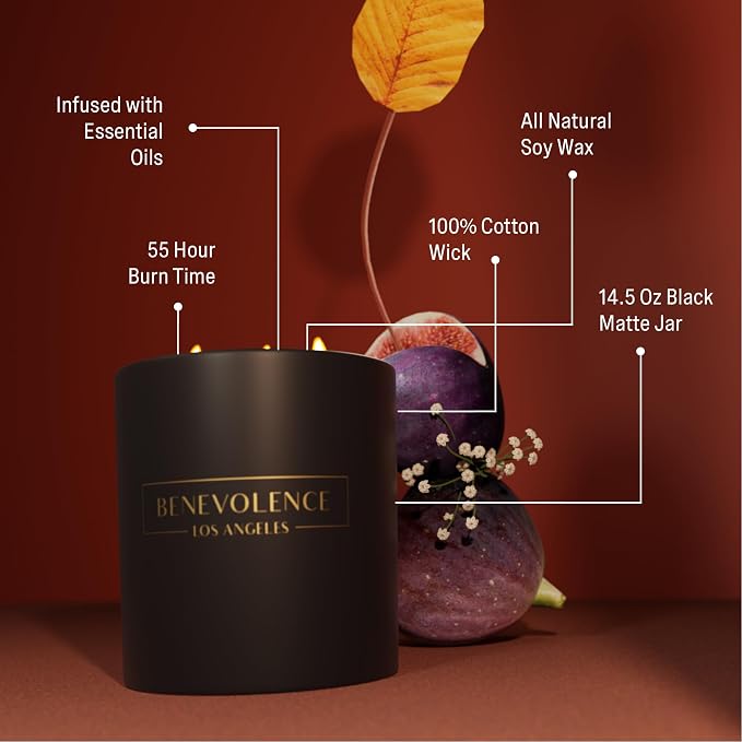 Benevolence LA Premium Fig Tree Large 3-Wick Scented Candle – 45-Hour Burn – Luxury Natural Soy Candle for Home – Aromatherapy & Room Decor – 14.5oz
