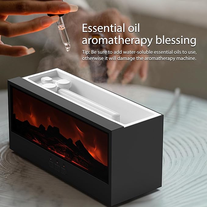 Essential Oil Diffuser Flame Colorful Water Vapor Fireplace Diffusers Fire Humidifier for Aromatherapy Aroma Therapy Machine (Black Fireplace (Short Version))