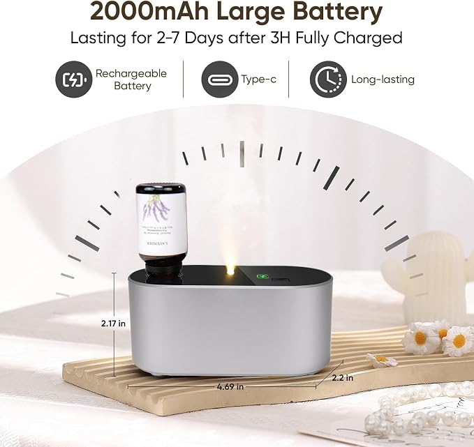 Lecdura Waterless Diffuser for Essential Oil, Battery Operated Scent Air Aromatherapy Diffuser, Mini Aroma Diffusers with 3 Intermittent Mist Modes, Cycle Start for Home Office Bedroom - Silver