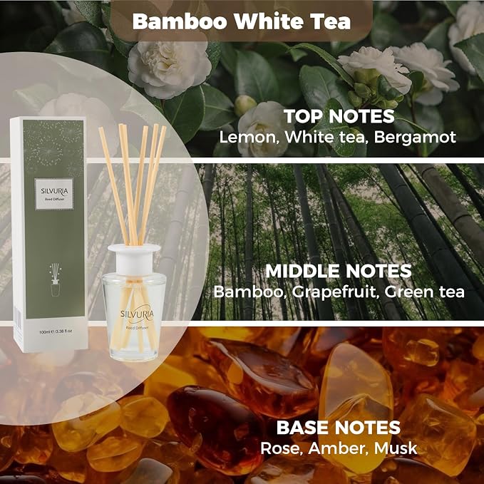 Reed Diffuser Set,Bamboo White Tea Scented Oil Diffuser with 6 Reed Sticks,3.38 fl.oz(100ml),Long-Lasting Home Fragrance for Living Room,Bedroom,Bathroom