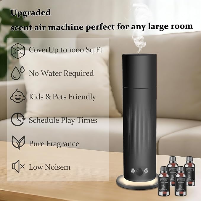 Waterless Essential Oil Diffuser, Scent Air Machine for Home with 4x30ml Hotel Scent Oil Sets, Covers Up to 1000 Sq.Ft, Adjustable Mist & Timer, Hotel and Commercial Use