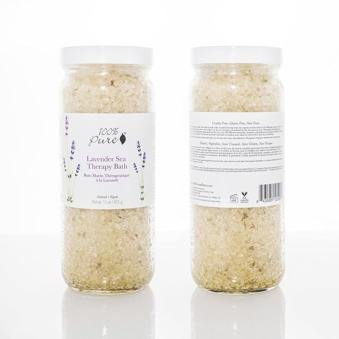 100% PURE Lavender Sea Therapy Bath Soak, Bath Salts for Relaxation, Made with Lavender Essential Oil, Spa Kit for Home, Bath Soak with Essential Oils - 15 Oz