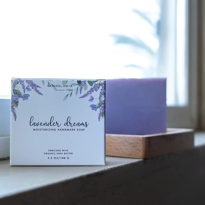Natural Amor Lavender Spa Gifts for Women,7pcs Self Care Box Including Handmade Soap Bar, Candle, Bath Butter