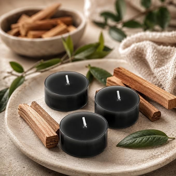 Smoked Sandalwood Scented Tealight Candles, Black Scent Tea Lights Candles Clear Cup, 24 Pack Colored Tealights Candle, 6 Hour Burn Time Tea Candles for Party, Decor, Spa, Shabbat