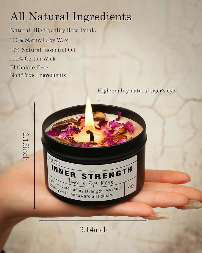 Inner Strength Soy Candle, Vegan Confidence, Focus Crystal, Empowerment Intention Gift, Grounding Meditation Candle. (8oz)