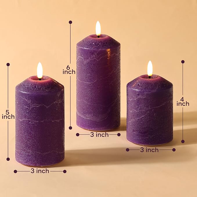 Purple Flameless Pillar Candles with Remote, Real Wax Christmas LED Candles Battery Powered Flickering Set of 3