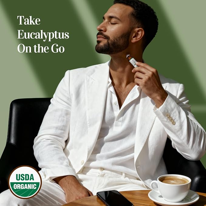Eucalyptus Essential Oil Roll On for Sinus Congestion Headache - 100% Pure USDA Organic MCT Coconut Oil - Cooling Breathwork Chest Aromatherapy Mental Clarity Focus - Gemstone Roller 10ml Travel Size