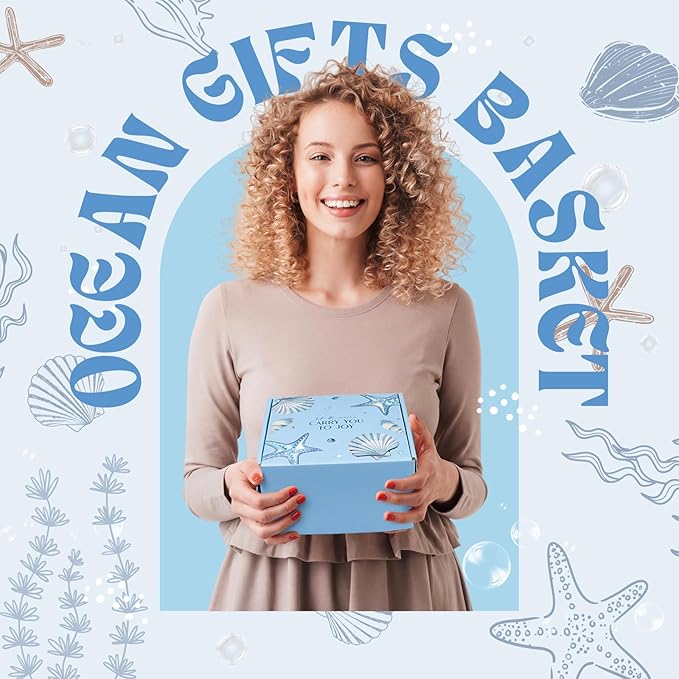 Gifts for Women, 8pcs Ocean Happy Birthday Gifts for Women, Christmas Ideas Inspirational Get Well Soon Gift Baskets Mothers Day Box w/Seashell Tote Bag for Her Mom Sister Friend Friendship