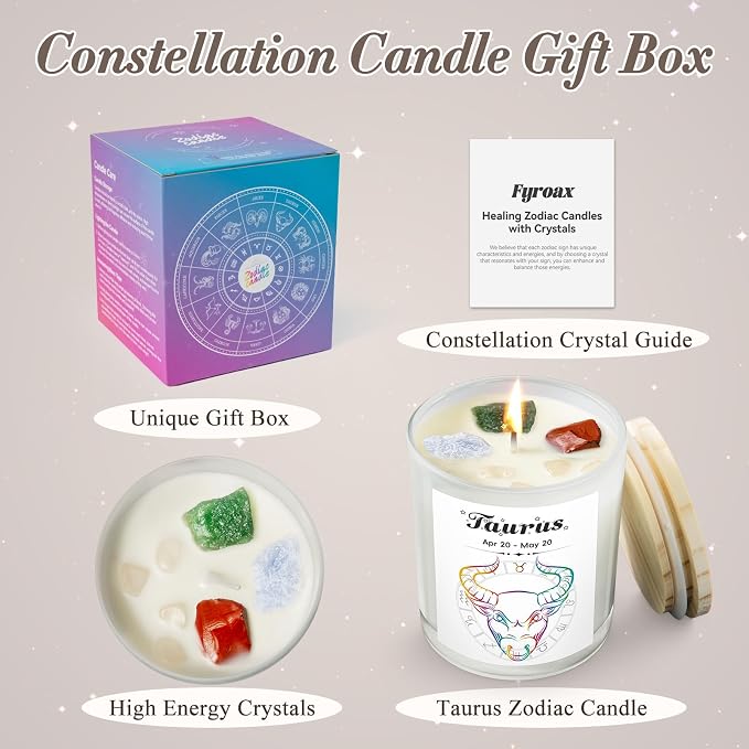 Taurus Gifts for Women, Zodiac Taurus Candle with Healing Crystals,Taurus Birthday Gifts for Womenr, Mom, Sister, Friends, Meditation, Yoga, Relaxation (7oz)