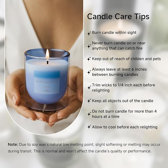 Aromatherapy Candle Gifts for Women Men Friends, Ocean Scented Summer Single Wick Soy Wax Jar Candle, Blue