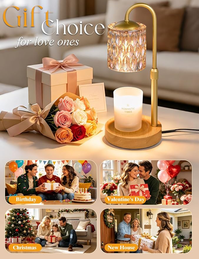 Briever Dimmable Candle Warmer Lamp with Timer, Height Adjustable Electric Candle Wax Warmer, Birthday Gifts for Women Mom, House Warming Gifts New Home Decor, Solid Wood Base, Natural Wood Champagne