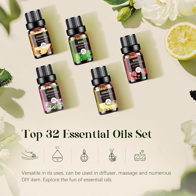 Essential Oils Set - 32x5ml Pure Aromatherapy Essential Oils Kit for Diffuser, Humidifier, Aromatherapy, Massage, Skin & Hair Care - Lavender, Tea Tree, Eucalyptus, Sandalwood, Peppermint, Rosemary