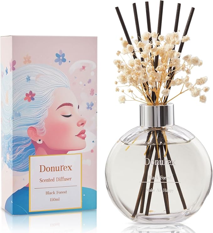 Flower Reed Diffuser Set 5.07oz Black Forest Scent Diffuser with Sticks Home Fragrance Reed Diffuser for Bathroom Shelf Decor