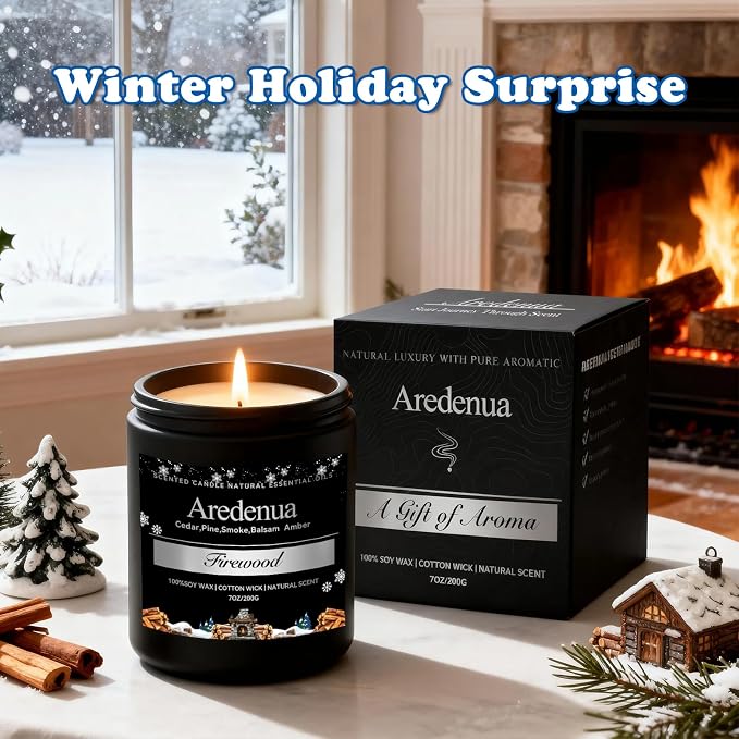 Firewood Candle – Winter Candles | Holiday Scented Candles, 7oz Jar Soy Candle for Home Scented - 50H Burn - Smoky Fireplace Cozy & Warm Scent, Christmas Holiday Décor Gifts for Women & Men