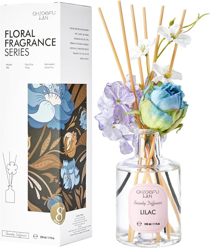 Lilac Reéd Diffuser Oil, 6.7 oz Refreshing Natural Essential Scented Oil with Purple Flower Diffuser Sticks,Bathroom Decor, Home & Office Decor,Diffuser Oil Gift Set