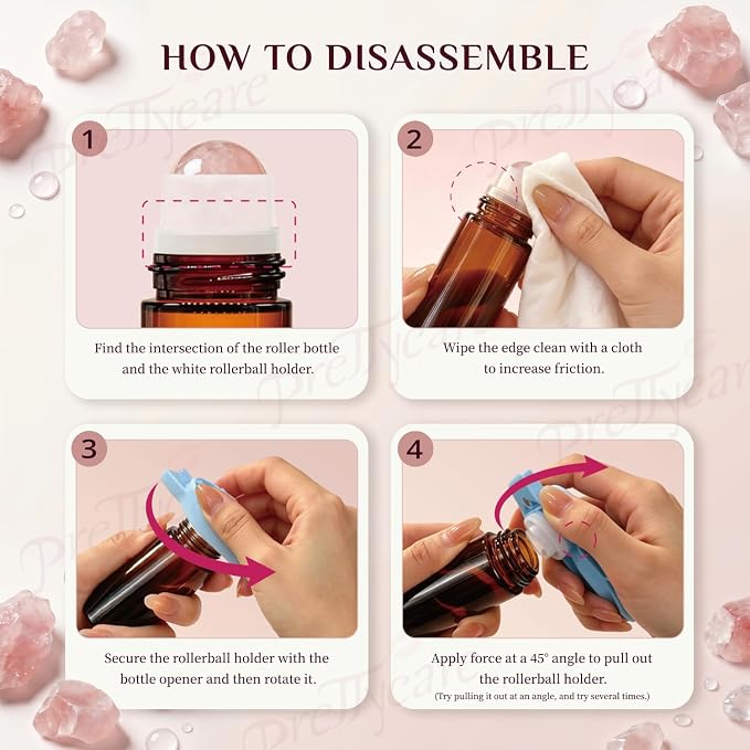 PrettyCare Rose Quartz Roller Bottle for Castor Oil – 50ml Refillable Amber Glass Roll On Bottle with Natural Rose Quartz Roller Ball, Leak-Proof Roller Ball Applicator for Essential Oils, Perfume