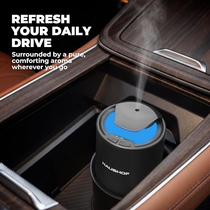 HAUSHOF Waterless Essential Oil Diffuser for Home & Car, Smart Aromatherapy Scent Diffuser with Auto On/Off, 3 Mist Levels & 3 Color Lights, Rechargeable Portable Design, Premium Silver Metal Finish
