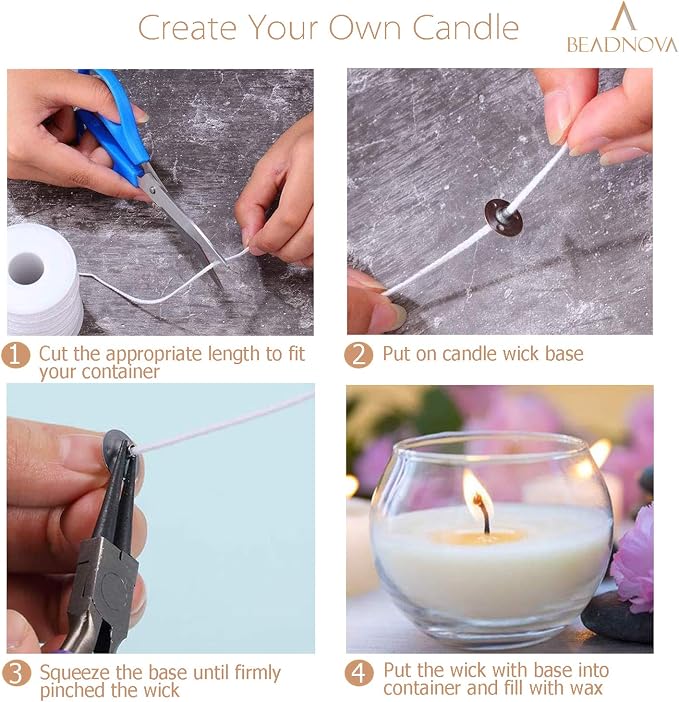 BEADNOVA Braided Candle Wick Spool with Base Set 200 ft Cotton Candle String Roll and 300pcs Wick Clips Sustainer Tabs for Making DIY
