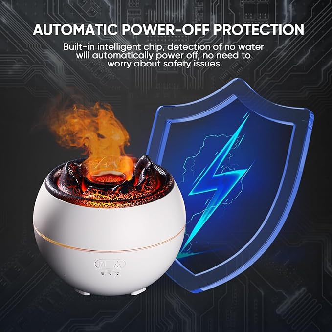 YALEDI Essential Oil Diffuser, Volcano Flame Fire Oil Diffuser, 360ml Ultrasonic Cool Mist Aromatherapy Humidifier, Scent Diffuser with 7 Colors Light, Timer & Auto Shut-Off for Home, Room (White)