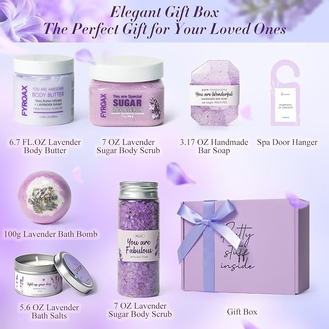 Spa Gifts for Women 7 Pcs Home Spa Kit Lavender Bath Set,Spa Gift Baskets Self Care Gifts Spa Gifts for Women Birthday,Mothers Day Basket Easter Christmas Bath Set
