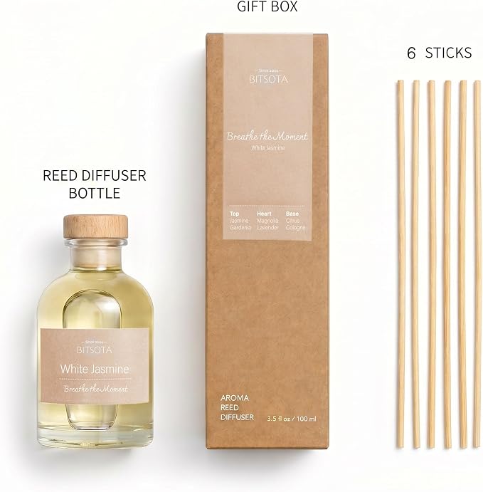 Natural Reed Diffuser Set, White Jasmine 3.52 oz (100ml) Scented Diffuser with Sticks Home Fragrance Reed Diffuser for Bathroom Shelf Decor, Ideal Gift for Woman
