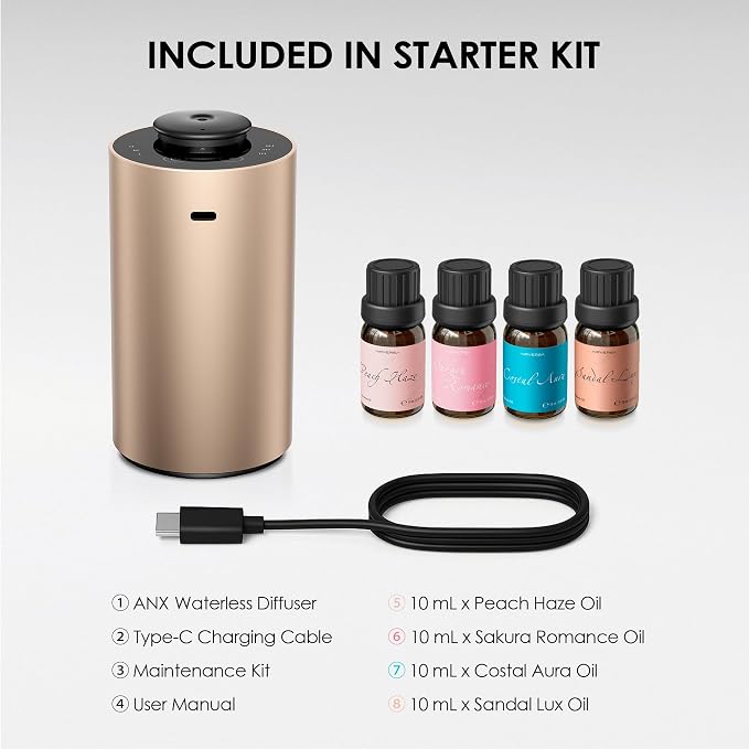 Airversa Waterless Essential Oil Diffuser Starter Kit with 4 x 10mL Fragrance Scent Oil, Battery Operated Mini Scent Air Machine Portable Diffuser for Home Car Office, ANX Titanium Kit-C