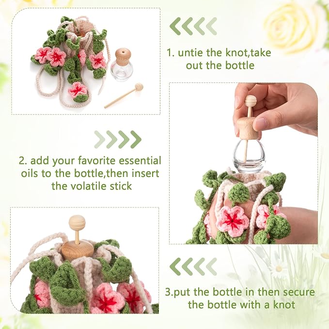 DaisyInner Cute Crochet Plant Car Freshener 12ml Empty Refillable Diffuser Bottle with Plants Hanging Accessories for Ornaments Charms Rearview Mirror Home Office Decor Women Gifts(Cherry Blossoms)