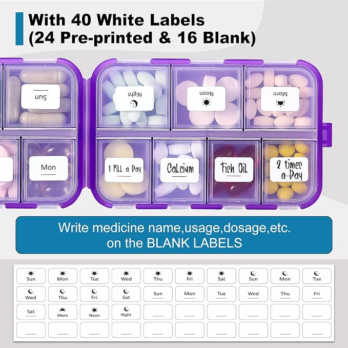14 GRIDS Travel Pill Organizer Box with Labels - Travel Medicine Case Kit - Pocket Daily Pharmacy Container - Travel Medication Holder Dispenser for Fish Oil Vitamin Supplement Storage - Clear Purple
