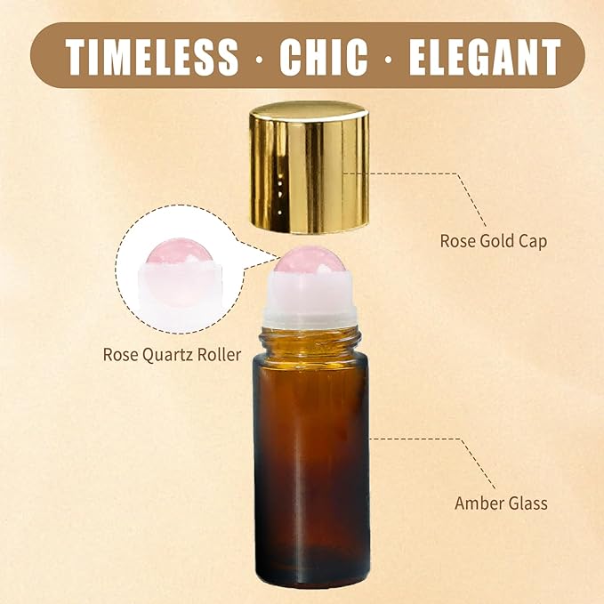 Rose Quartz Roller Bottles for Essential Oils, 50ml Refillable Amber Glass Roll On Bottles with Natural Crystal Roller Balls, Leak-Proof Travel Perfume Bottle with Gold Caps