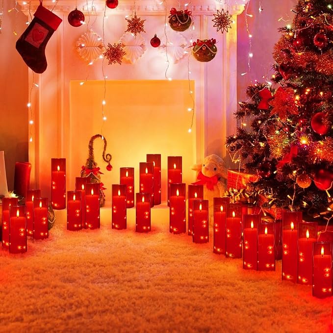 24-Pack Flameless LED Candles with Star String Lights - Red Acrylic Pillar, Realistic Flickering, Remote Control & Timer for Home Decor, Wedding, Christmas