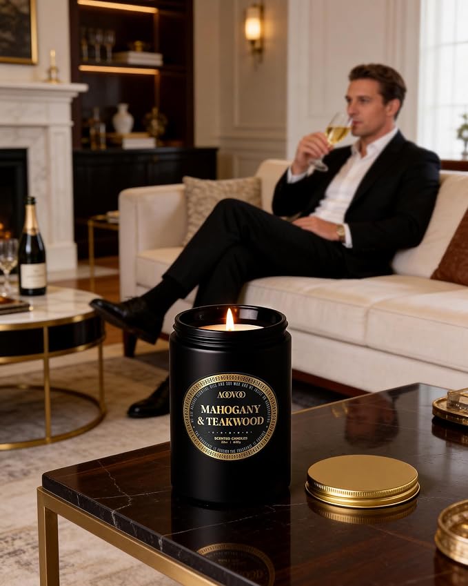 AOOVOO 22oz Large Scented Candles for Men - Mahogany & Teakwood Candles for Home Scented | Soy Candle | Strong Fragranced Masculine Black Candle Gift for Women & Men