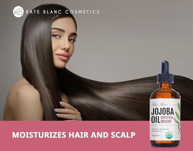 Kate Blanc Cosmetics Organic Jojoba Oil for Hair, Skin, Face, Nails (4oz) - USDA Certified, 100% Pure Cold Pressed Unrefined - Moisturizing Carrier Oil for Gua Sha, Dermaplaning, Body - Glass Bottle