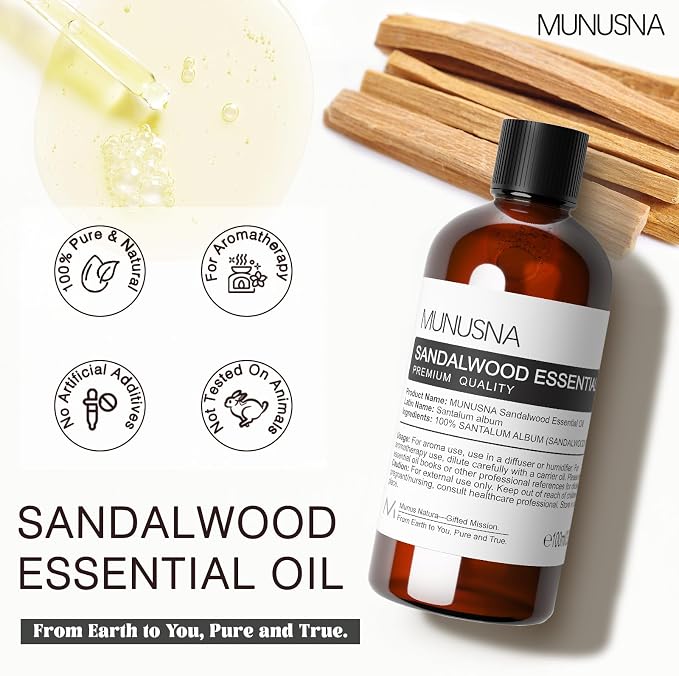 Sandalwood Essential Oil 100ML, 100% Pure Natural Sandalwood Oil Premium Grade Aromatherapy Oil for Diffuser, Skincare, Hair Body Care, Massage, Yoga, Home, Soap and Candle Making