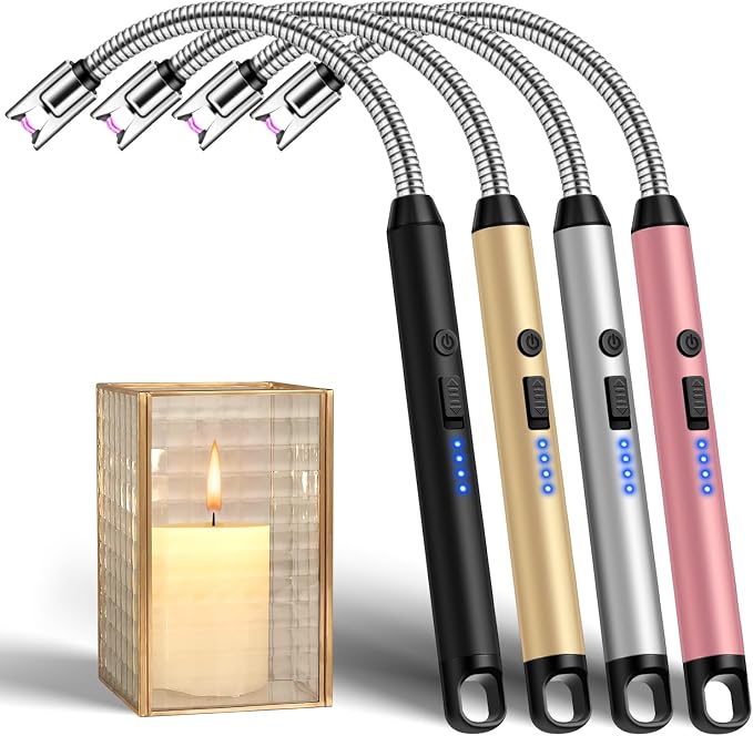 LcFun 4 Pack Candle Lighter with 360° Flexible Neck & Safety Lock, Windproof USB Rechargeable Electric Lighter, Flameless Arc Long Matches for Grill, BBQ, Camping, Fireplace, Stove