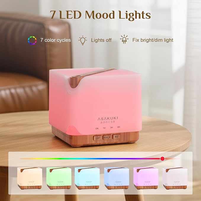ASAKUKI Essential Oil Diffuser for Home, Large 700 ml Aromatherapy Humidifier with Top 6 Essential Oil Sets, Automatic Shut-Off, 7 LED Lights for Living Room, Kitchen, Bedroom, Hotel - Yellow
