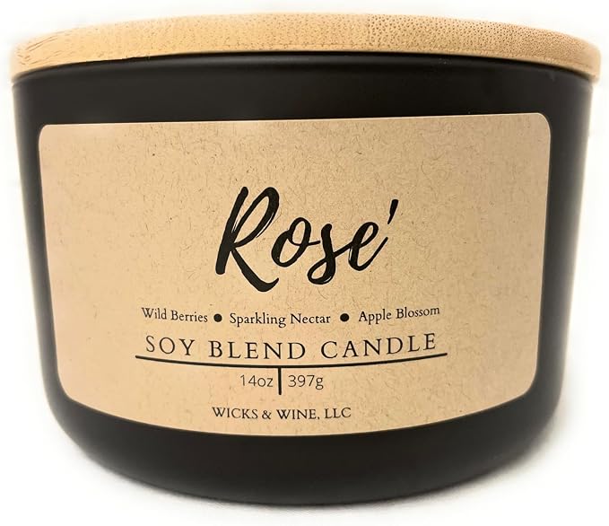 Wicks & Wine Soy Blend 3-Wick Cotton CORE Candle 14oz (Rose')