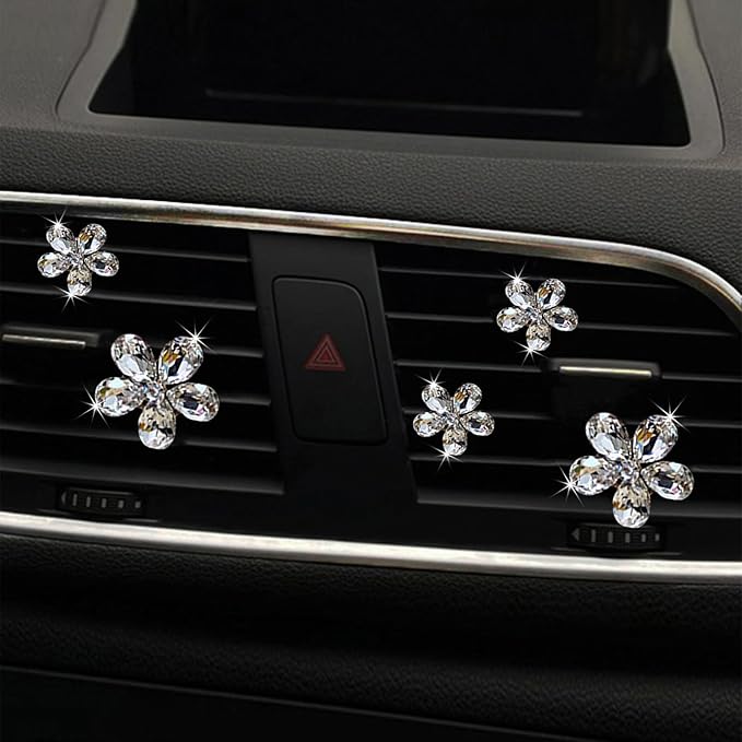 Bling Daisy Flower Car Air Vent Clips, 5PCS Sparkling Crystal Rhinestone Cute Vehicle Air Conditioning Clamp, Diamond Auto Air Outlet Clip Decor for Women Girls (White)
