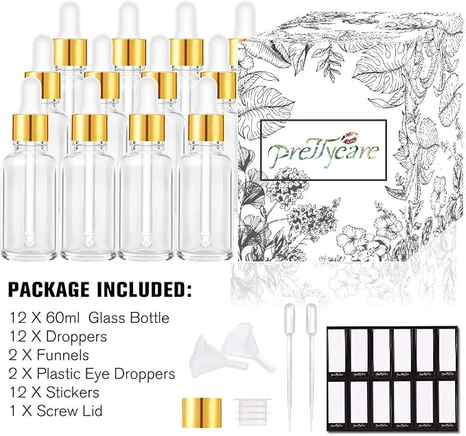 PrettyCare Glass Eye Dropper Bottles 2oz (60ml), 12 Pcs Clear Empty Thick Bottles Bulk with Leakproof Golden Caps - With Labels & Funnels for for Storage, Travel,Essential Oils, DIY Serums, Tincture