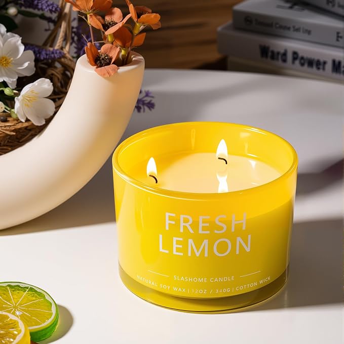 Fresh Lemon Scented Candle, Luxury Large 3 Wick Soy Candle 12 Oz, 60+ Hour Long Lasting Clean Burn, Elegant Aromatherapy Home Decor, Housewarming & Birthday Gift for Men & Women