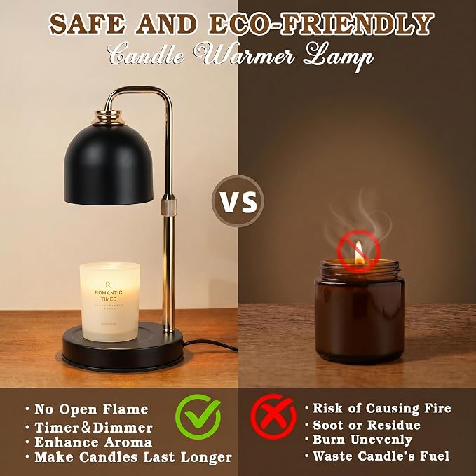 Funistree Candle Warmer Lamp with Timer Dimmer, Adjustable Height Birthday Gifts for Women Mom, Modern Vintage Black Candle Warmer, Vintage Home Decor for Scented Jar with 2 Bulbs